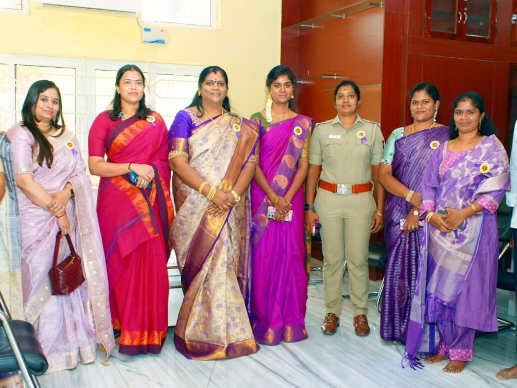 Bhuvi and guests with S. Keerthana, Tamil Nadu Minister for Industries, at the Women’s Day celebration, Wisdom Wealth School