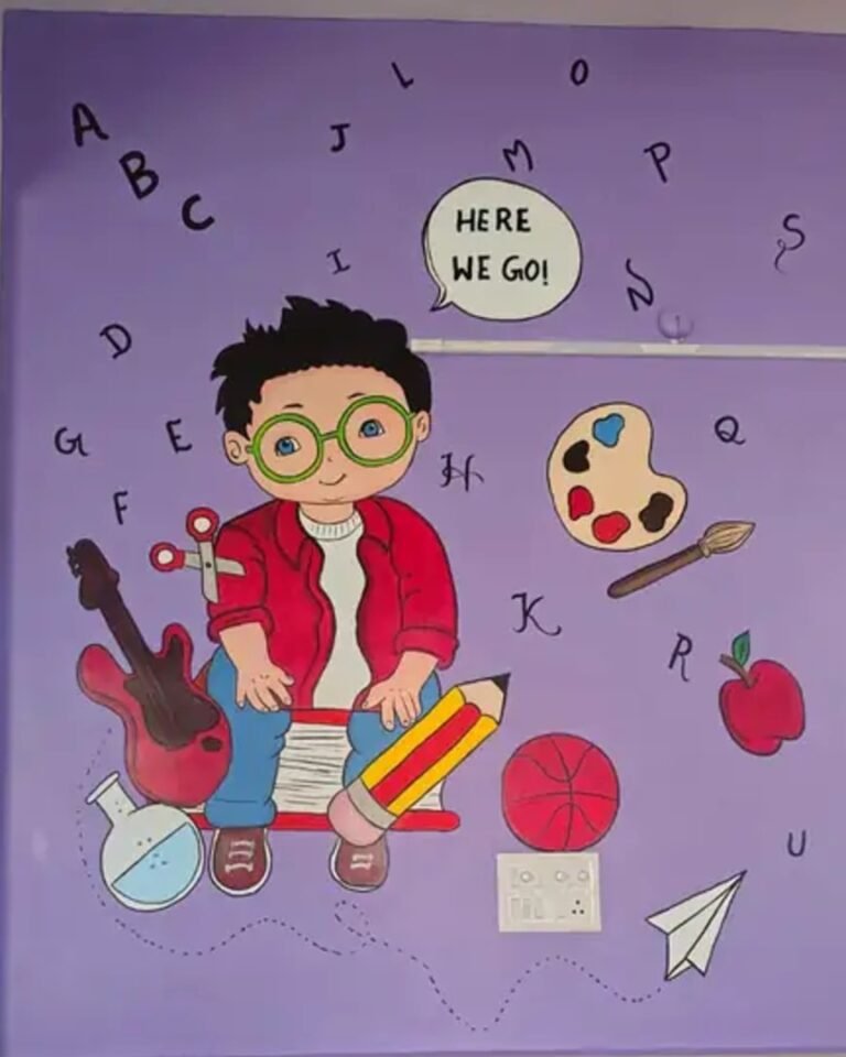 Boy with guitar, books and alphabets — Dimension wall painting by Bhuvi