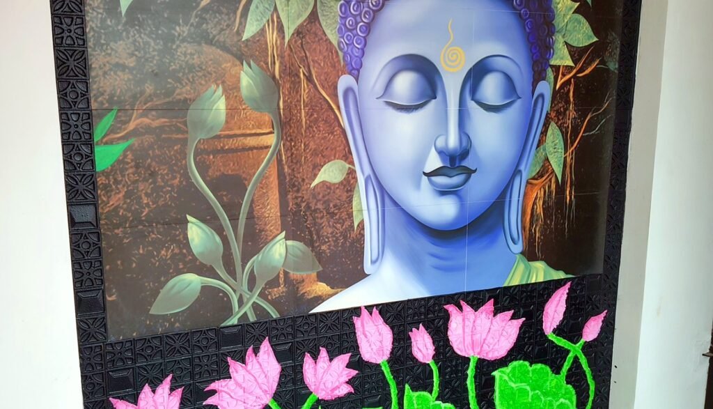 Buddha and lotus wall mural hand-painted by Bhuvi