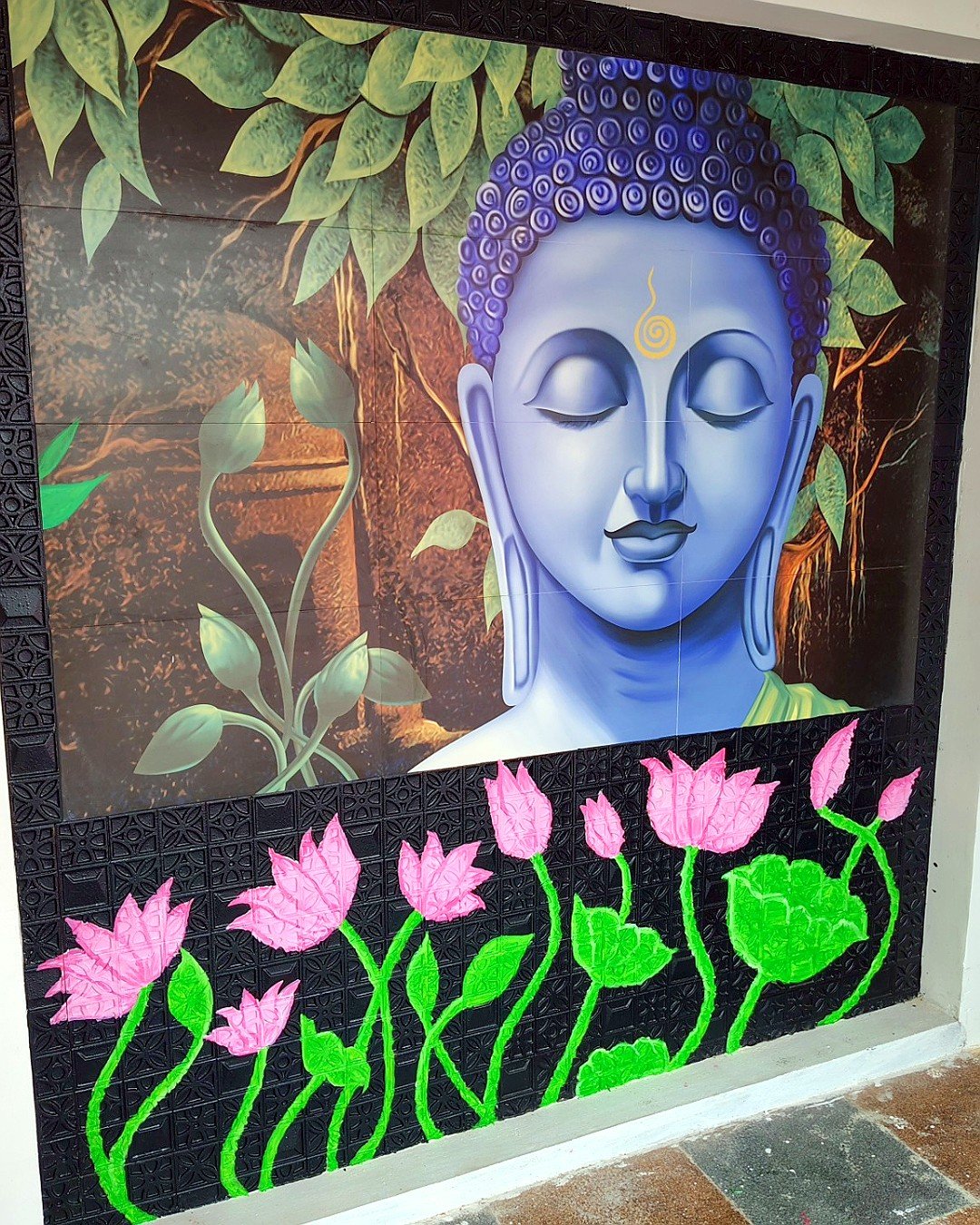 Buddha and lotus wall mural painted by Bhuvi