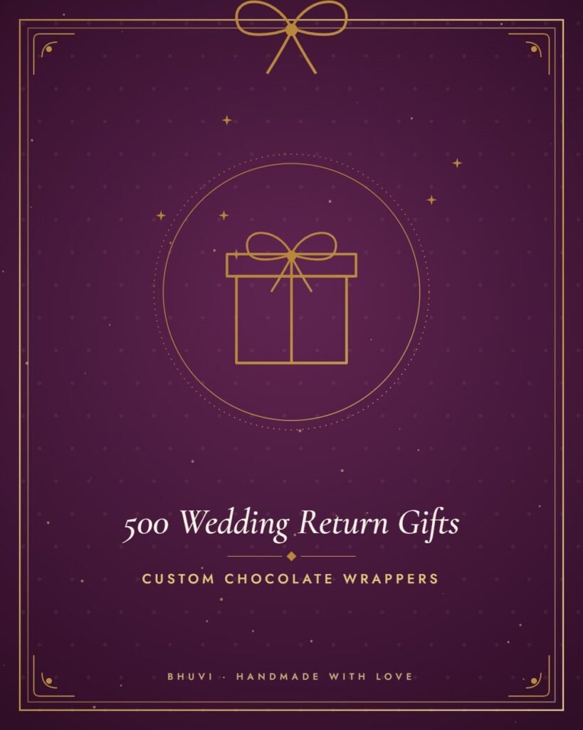 500 custom chocolate wrappers made as wedding return gifts by Bhuvi
