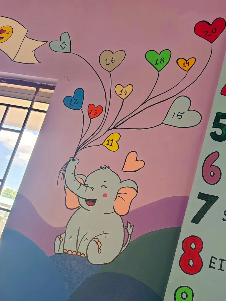 Baby elephant with heart balloons — classroom wall art at Sri Krishnasamy International School, Sivakasi