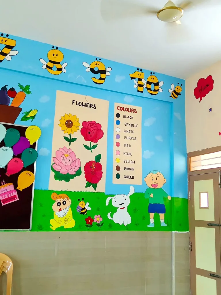 Flowers and learning chart wall in a Pre-KG classroom — school wall painting in Sivakasi