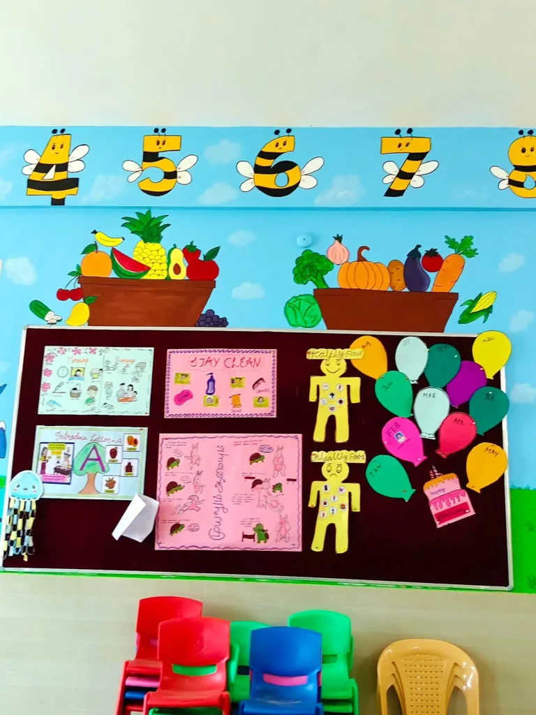 Fruits and vegetables learning wall painted in a Pre-KG classroom — Sri Krishnasamy International School, Sivakasi
