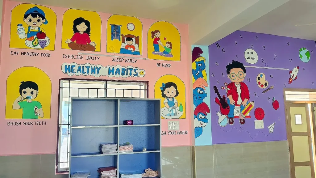 Good habits learning wall in a KG classroom — CBSE school wall painting in Sivakasi
