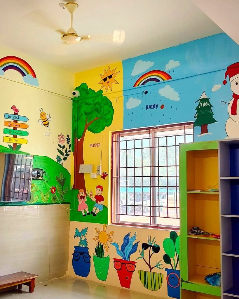 Colourful kids classroom mural wall art painted by Bhuvi