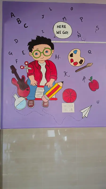 Boy with guitar, books and alphabets — Dimension wall painting with light and dark shading