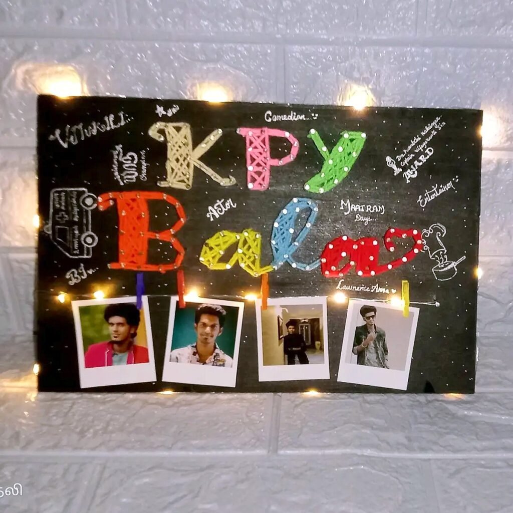 Handmade KPY Bala string art with photos and lights, created by Bhuvi