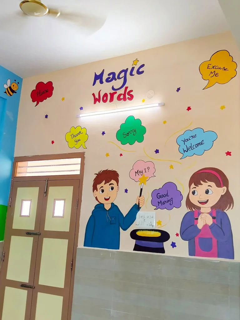 Magic words wall with happy kids — classroom wall painting by Bhuvi at a CBSE school in Sivakasi