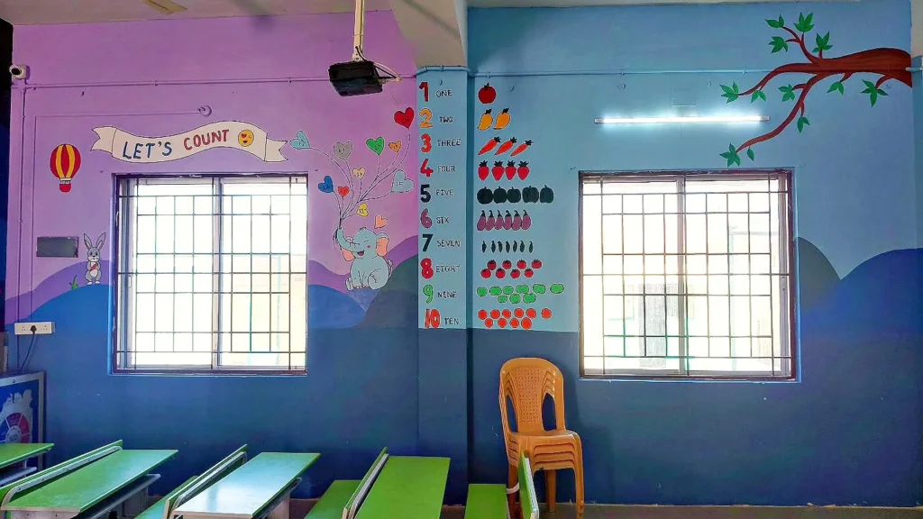 Numbers and counting wall painted in a KG classroom — school wall painting in Sivakasi by Bhuvi