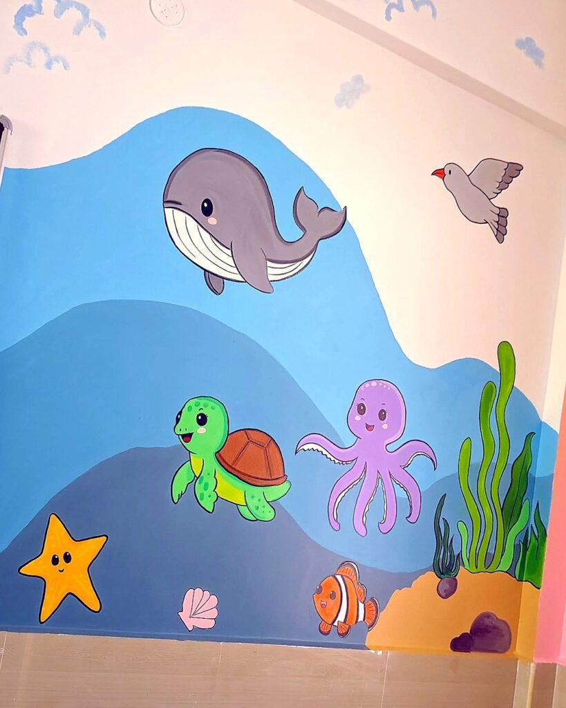 Ocean theme kids classroom wall painting