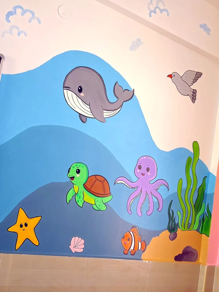 Ocean theme classroom mural with a whale, turtle and octopus — Sri Krishnasamy International CBSE School, Sivakasi