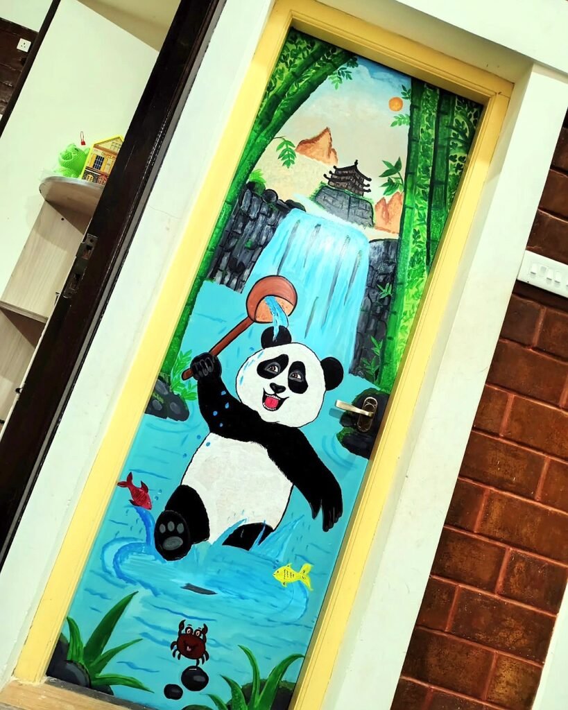 Panda and waterfall door painting for a home
