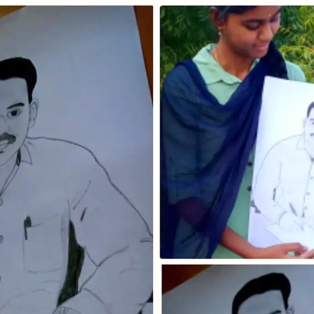 Pencil portrait of the Virudhunagar District Collector drawn by Bhuvi
