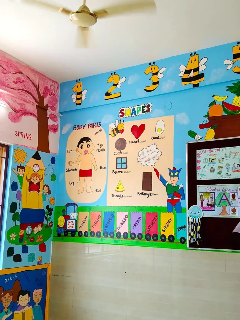 Pre-KG learning wall with bees and concept charts — classroom wall painting at Sri Krishnasamy International School, Sivakasi