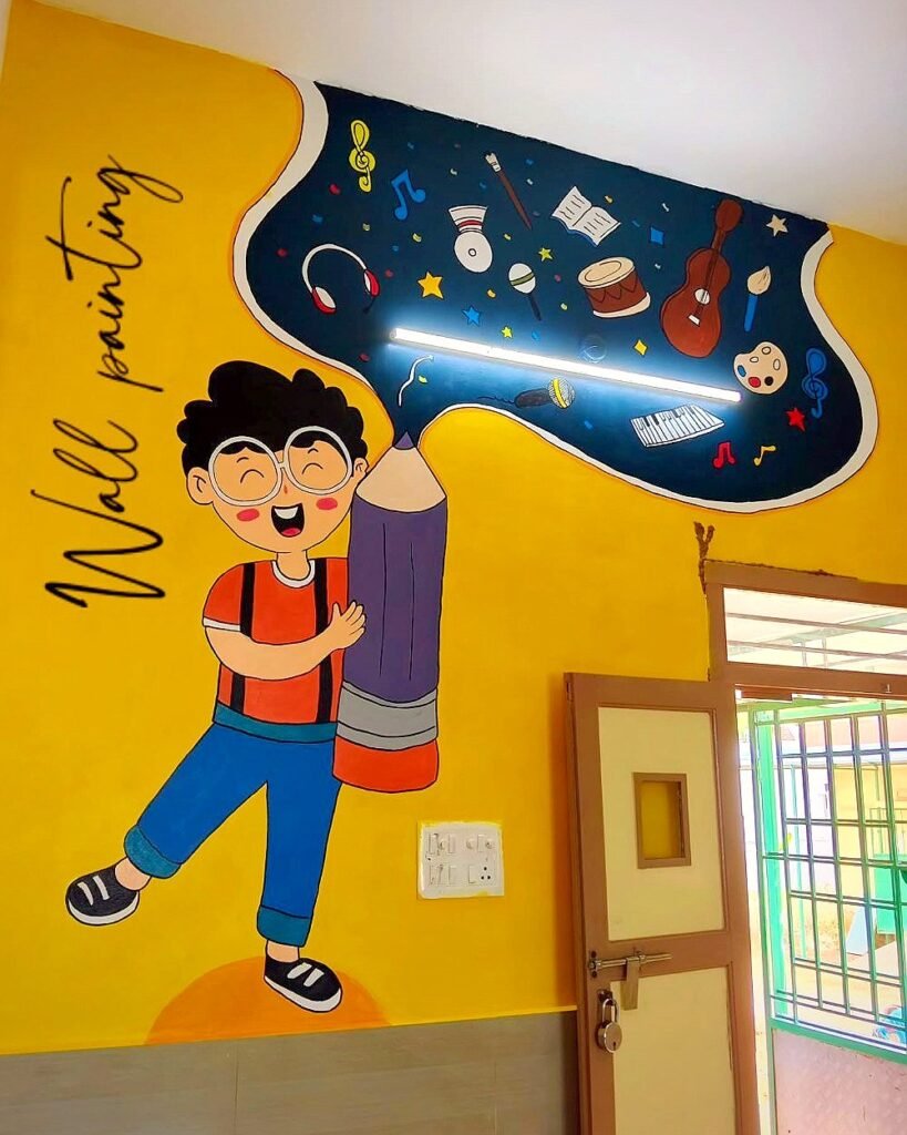 Pre-KG classroom wall painting by Bhuvi at Sri Krishnasamy International School