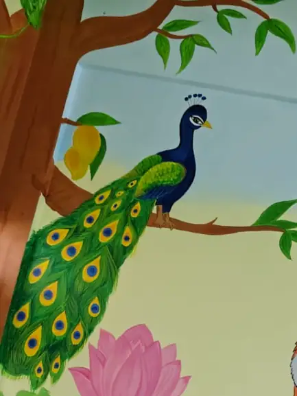 Realistic peacock on a mango tree — Masterpiece wall painting by Bhuvi