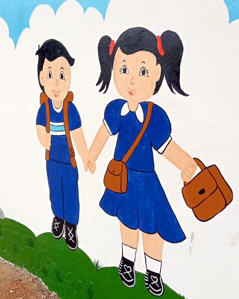 Cheerful school wall painting with children characters