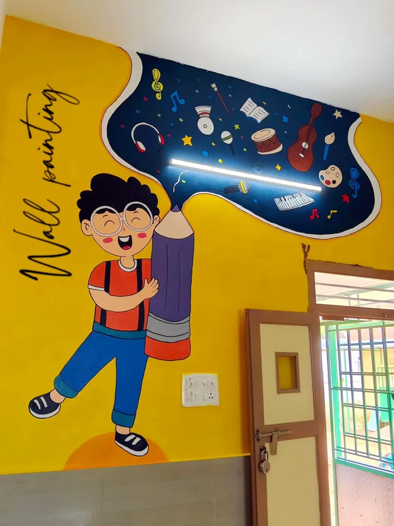 Pre-KG classroom wall painting at Sri Krishnasamy International CBSE School, Sivakasi — boy with a giant pencil and music doodles