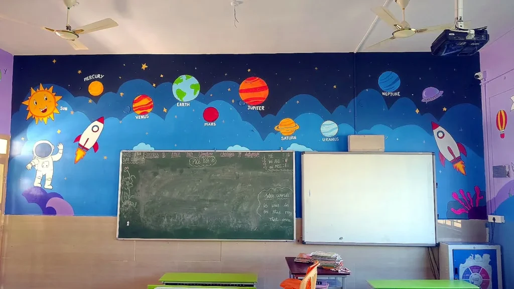 Solar system planets painted above the blackboard — classroom wall painting at a CBSE school in Sivakasi