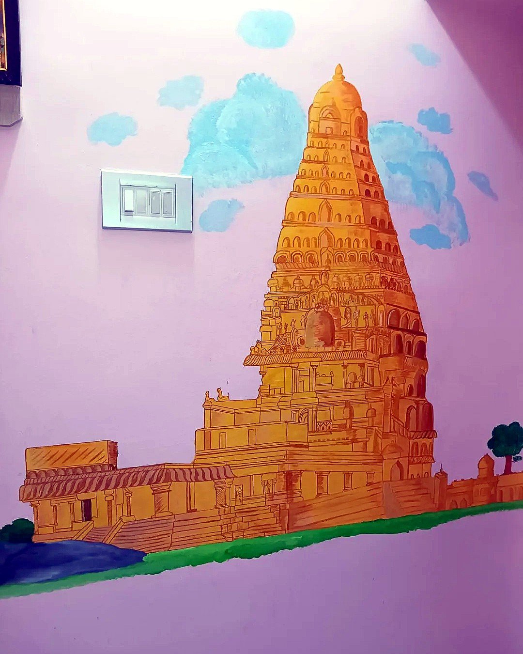 Tanjore temple gopuram wall painting for a home — hand-painted by Sivakasi artist Bhuvi