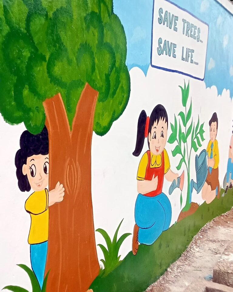 Tree and children themed school wall mural