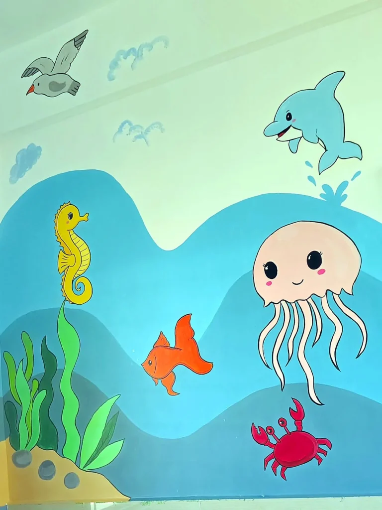 Under-the-sea classroom wall with seahorse, jellyfish, crab and fish — school wall painting in Sivakasi by Bhuvi